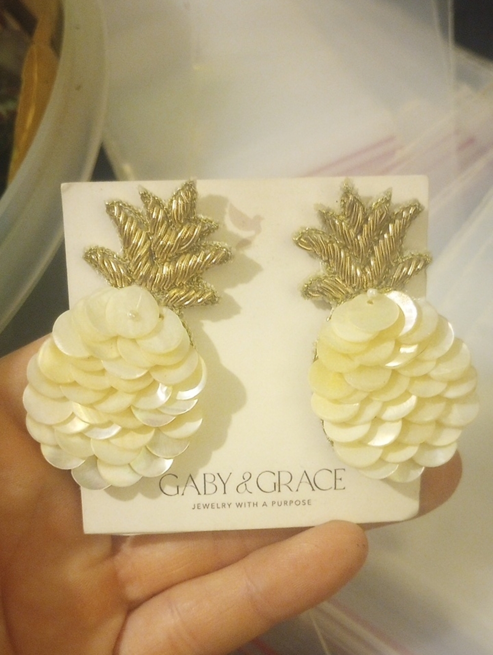 ABBY & GRACE Gold and Cream Pineapple Sequin Drop Earrings, NWT